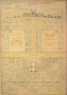 Design for University of Michigan (elevation and plan of building and grounds), ca. 1838. Creator: Alexander Jackson Davis