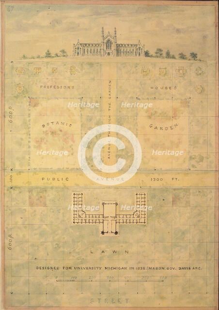 Design for University of Michigan (elevation and plan of building and grounds), ca. 1838. Creator: Alexander Jackson Davis.