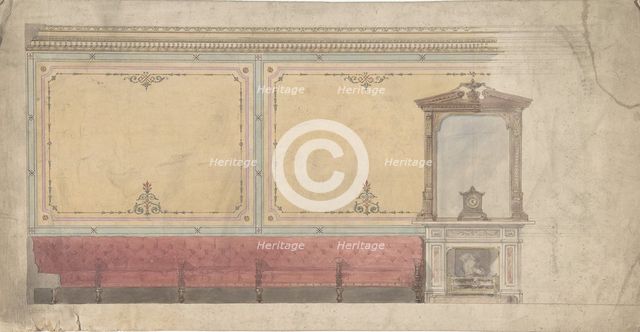 Design for Wall including Chimney and Red Banquette, 19th century. Creator: Anon.