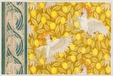 Design for Wallpaper "Cockatoos with Lemons" and Wallpaper Border with "Flying Fish", pub. 1897. Creator: Maurice Pillard Verneuil (1869?1942)