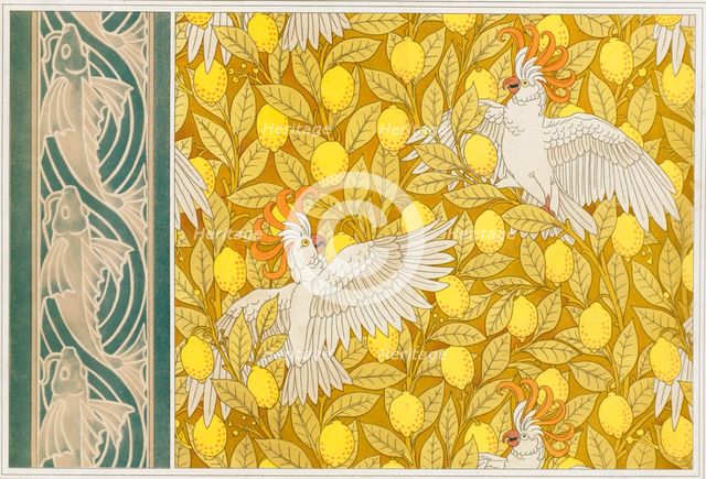 Design for Wallpaper "Cockatoos with Lemons" and Wallpaper Border with "Flying Fish",  pub. 1897. Creator: Maurice Pillard Verneuil (1869?1942).
