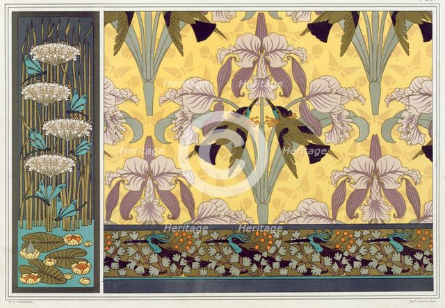 Design for wallpaper border, fabric and panel: "Dragonflies; Waterlillies and Flowering Rush", pub.  Creator: Maurice Pillard Verneuil (1869?1942).