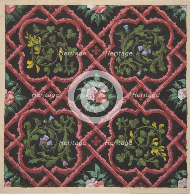 Design for wallpaper featuring flowers and latticework, 1830-97. Creators: Jules-Edmond-Charles Lachaise, Eugène-Pierre Gourdet.