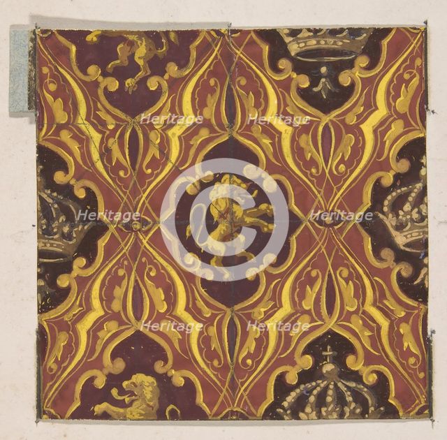 Design for wallpaper featuring rampant lions and crowns, 1830-97. Creators: Jules-Edmond-Charles Lachaise, Eugène-Pierre Gourdet.