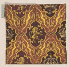 Design for wallpaper featuring rampant lions and crowns, 1830-97. Creators: Jules-Edmond-Charles Lachaise, Eugène-Pierre Gourdet