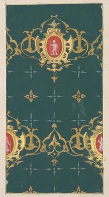 Design for wallpaper featuring rinceaux and cartouches framing figures, 1830-97. Creators: Jules-Edmond-Charles Lachaise, Eugène-Pierre Gourdet