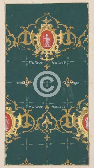 Design for wallpaper featuring rinceaux and cartouches framing figures, 1830-97. Creators: Jules-Edmond-Charles Lachaise, Eugène-Pierre Gourdet.