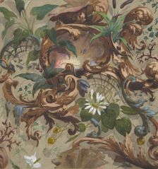 Design for wallpaper featuring shells, waterlilies, and cattails, 1830-97. Creators: Jules-Edmond-Charles Lachaise, Eugène-Pierre Gourdet