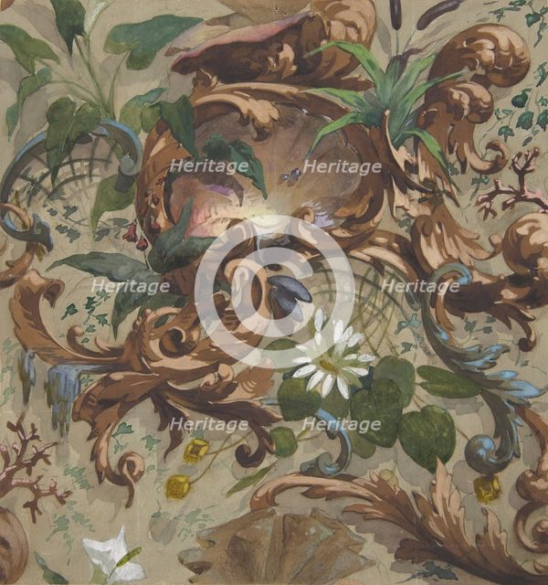 Design for wallpaper featuring shells, waterlilies, and cattails, 1830-97. Creators: Jules-Edmond-Charles Lachaise, Eugène-Pierre Gourdet.