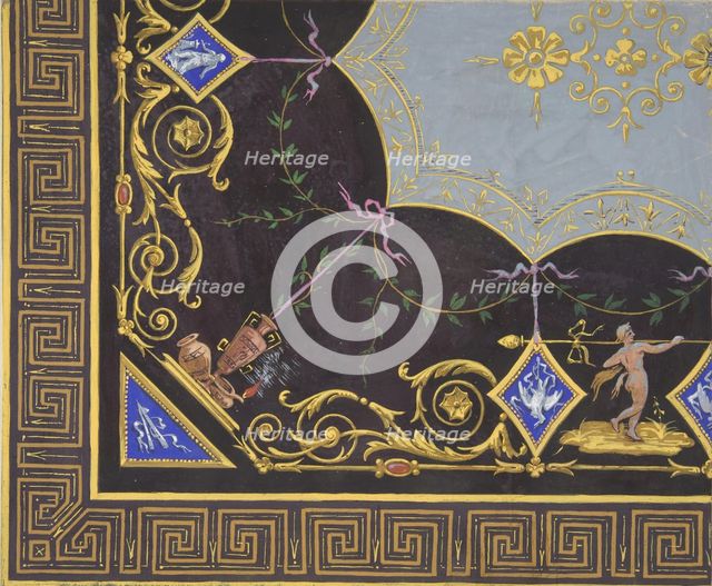 Design for wallpaper with Roman key border, rinceaux, and medallions, 1830-97. Creators: Jules-Edmond-Charles Lachaise, Eugène-Pierre Gourdet.