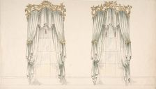 Design for White Curtains with White Fringes and a Gold and White Pediment, early 19th century. Creator: Anon