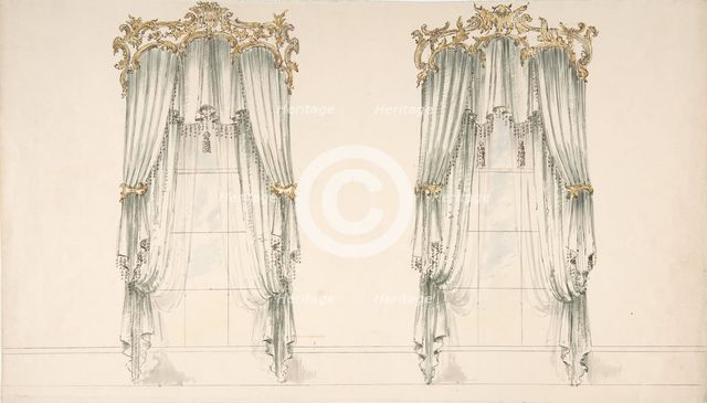 Design for White Curtains with White Fringes and a Gold and White Pediment, early 19th century. Creator: Anon.