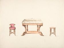 Design for a Marble Topped Table and a Low-backed Chair and a Stool, early 19th century. Creator: Anon