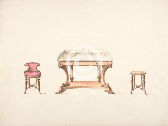 Design for a Marble Topped Table and a Low-backed Chair and a Stool, early 19th century. Creator: Anon.