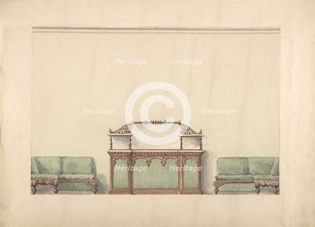 Design for a Mirrored, Marble-topped Cabinet and Two Sofas, early 19th century. Creator: Anon.