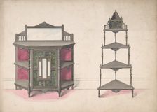 Design for a Mirrored Cabinet and a Set of Corner Shelves, 19th century. Creator: Anon