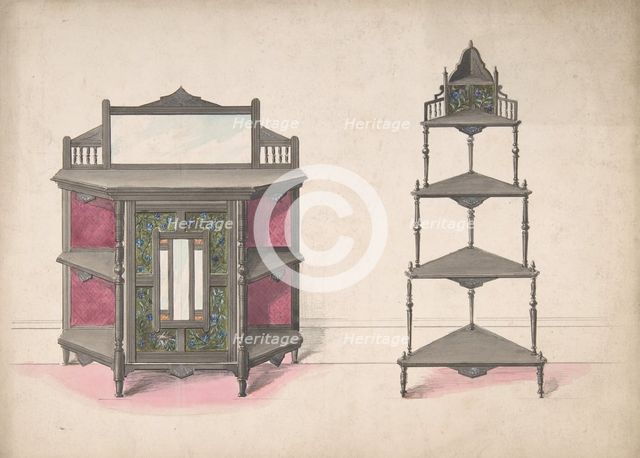 Design for a Mirrored Cabinet and a Set of Corner Shelves, 19th century. Creator: Anon.