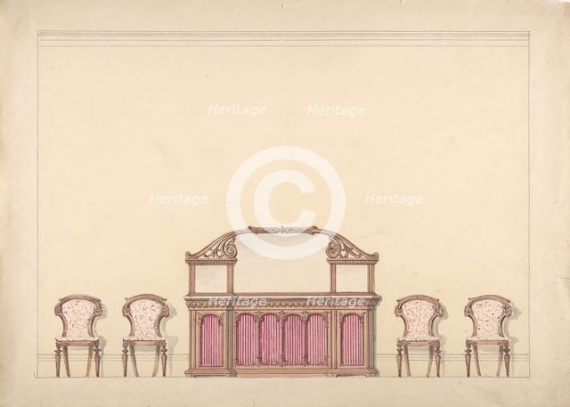 Design for a Mirrored Cabinet and Four Chairs, early 19th century. Creator: Anon.