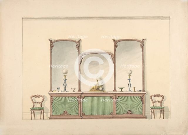 Design for a Mirrored Three Sectioned Marble-topped Cabinet and Two Chairs, early 19th cent. Creator: Anon.