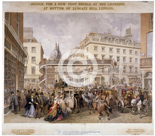 Design for a new footbridge at the crossing Ludgate Hill and Fleet Street, City of London, 1862.     Artist: Kell Brothers