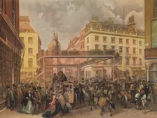 Design for a new footbridge at the crossing Ludgate Hill and Fleet Street, City of London, 1862. Artist: Kell Brothers