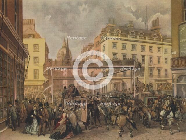 Design for a new footbridge at the crossing Ludgate Hill and Fleet Street, City of London, 1862.     Artist: Kell Brothers.