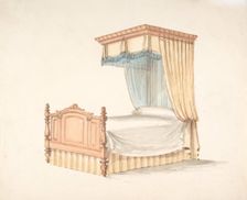 Design for a Bed with Yellow and Blue Fringed Hangings, early 19th century. Creator: Anon