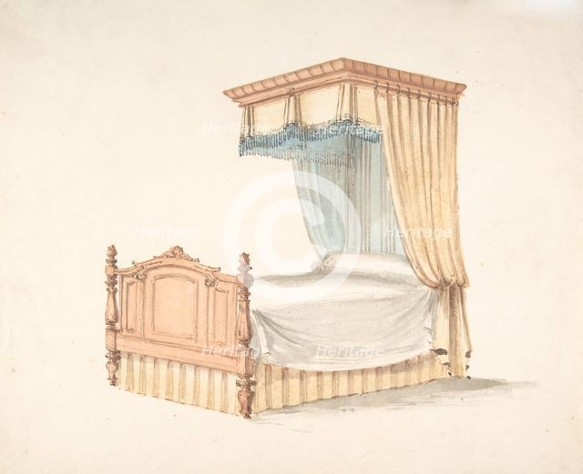 Design for a Bed with Yellow and Blue Fringed Hangings, early 19th century. Creator: Anon.