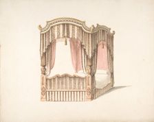 Design for a Curtained Four Poster Bed with Brown, Pink and White Striped..., early 19th century. Creator: Anon