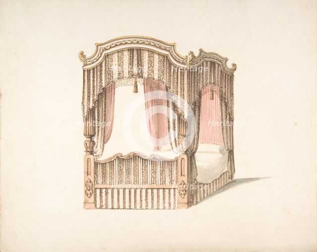 Design for a Curtained Four Poster Bed with Brown, Pink and White Striped..., early 19th century. Creator: Anon.