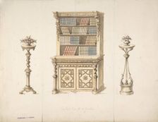 Design for a Cabinet-Bookcase and Two Stands for Flowers, early 19th century. Creator: Anon