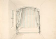 Design for a Canopied Bed with Pale Blue and White Hangings, early 19th century. Creator: Anon