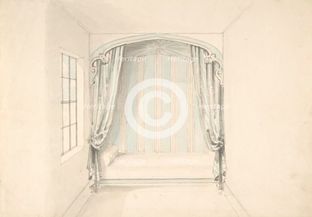 Design for a Canopied Bed with Pale Blue and White Hangings, early 19th century. Creator: Anon.