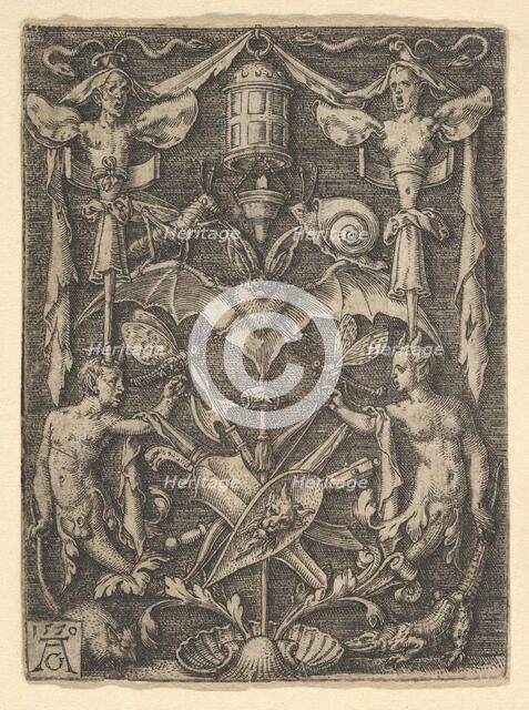 Design for a Candelabra Grotesque with a Bat in the Center, 1550. Creator: Heinrich Aldegrever.
