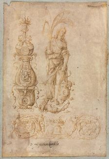Design for a Candelabrum, Allegorical Figure of Abundance, Ornamental Relief Design, c. 1490s. Creator: Bernardo Parentino (Italian)