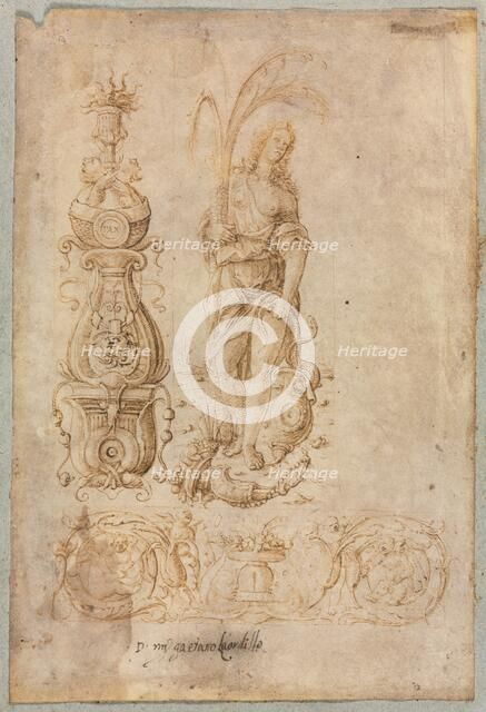 Design for a Candelabrum, Allegorical Figure of Abundance, Ornamental Relief Design, c. 1490s. Creator: Bernardo Parentino (Italian).