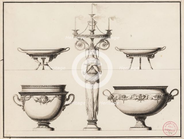 Design for a Candlestick in the Form of a Woman, Two Entree Cups..., between 1785 and 1789. Creator: Jean Guillaume Moitte.