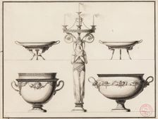 Design for a Candlestick in the Form of a Woman, Two Entree Cups..., between 1785 and 1789. Creator: Jean Guillaume Moitte