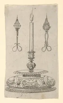 Design for a Candlestick with Candle Wick Trimmers, 1560-70. Creator: Erasmus Hornick