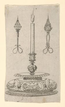 Design for a Candlestick with Candle Wick Trimmers, 1560-70. Creator: Erasmus Hornick