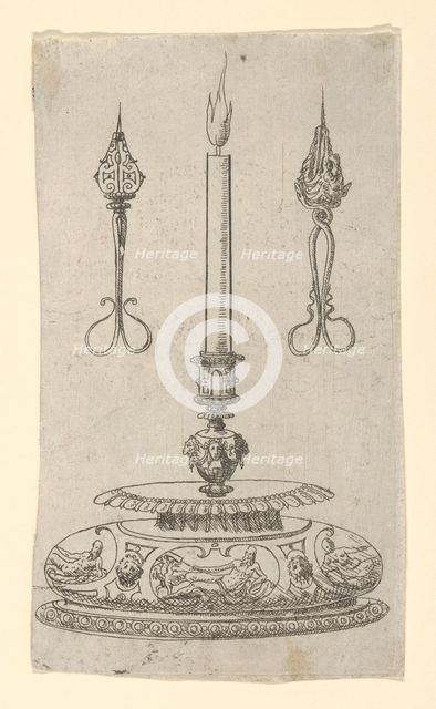 Design for a Candlestick with Candle Wick Trimmers, 1560-70. Creator: Erasmus Hornick.
