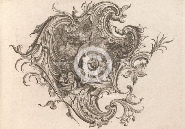 Design for a Cartouche and Representation of 'Hearing', Plate 3 from 'Neu I..., Printed ca. 1750-56. Creator: Johann Georg Pintz.