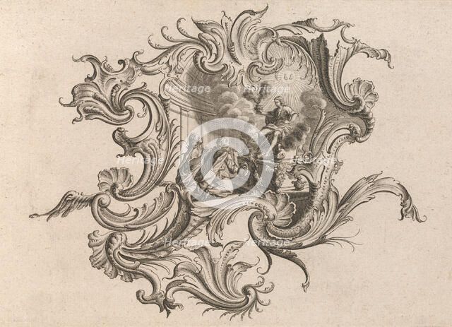 Design for a Cartouche and Representation of 'Smell', Plate 5 from 'Neu Inv..., Printed ca. 1750-56. Creator: Johann Georg Pintz.