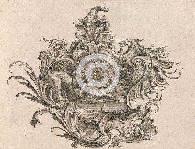 Design for a Cartouche and Representation of 'Sight', Plate 2 from 'Neu Inv..., Printed ca. 1750-56. Creator: Johann Georg Pintz.