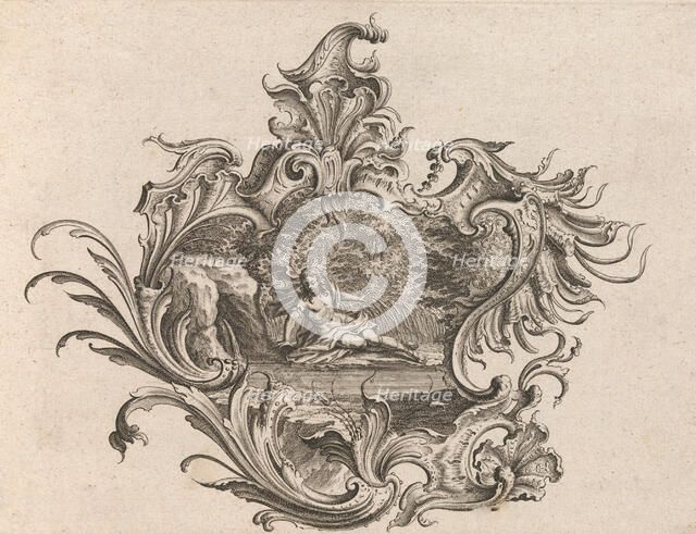Design for a Cartouche and Representation of 'Sight', Plate 2 from 'Neu Inv..., Printed ca. 1750-56. Creator: Johann Georg Pintz.