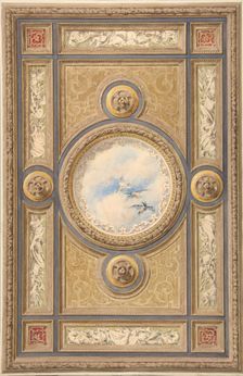 Design for a carved and painted ceiling with clouds and ducks in the central circular panel, 1830-97 Creators: Jules-Edmond-Charles Lachaise, Eugène-Pierre Gourdet