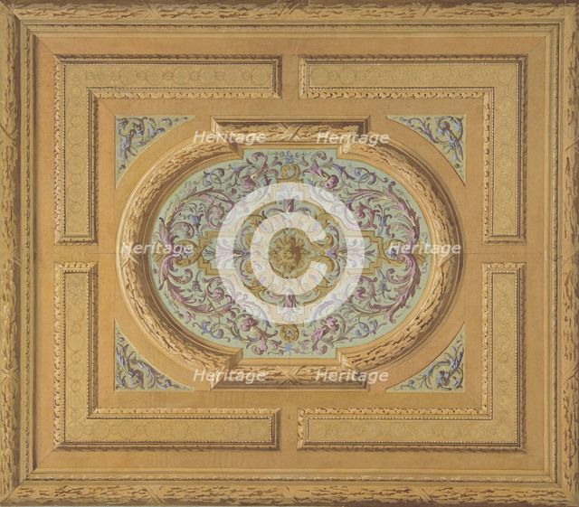Design for a ceiling decorated with bands of oak leaves and a central panel of scrolls..., 1830-97. Creators: Jules-Edmond-Charles Lachaise, Eugène-Pierre Gourdet.