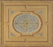 Design for a ceiling decorated with bands of oak leaves and a central panel of scrolls..., 1830-97. Creators: Jules-Edmond-Charles Lachaise, Eugène-Pierre Gourdet