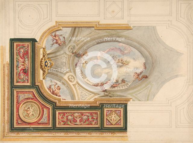 Design for a ceiling in Baroque style with a central panel in trompe l'oeil, 19th century. Creators: Jules-Edmond-Charles Lachaise, Eugène-Pierre Gourdet.