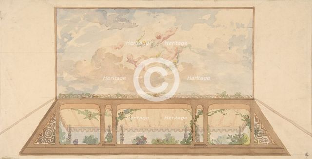 Design for a ceiling painted with a trompe l'oeil awning and putti in clouds, second half 19th centu Creators: Jules-Edmond-Charles Lachaise, Eugène-Pierre Gourdet.